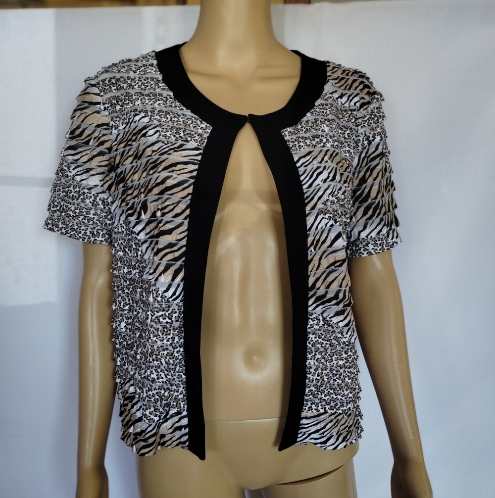 R&K Originals Animal Print Cardigan Size 12 Zebra Leopard Open Front Blouse Top